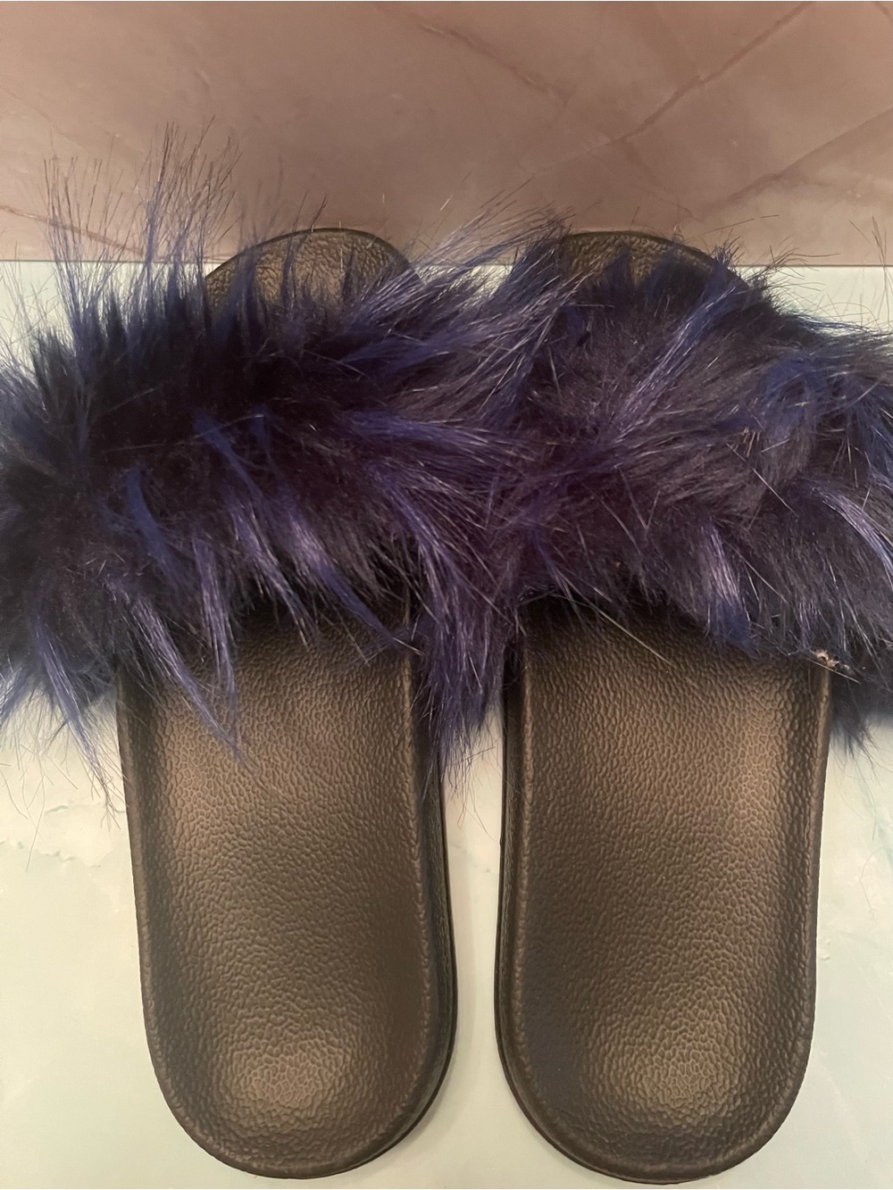 Faux Fur Slide Sandals - Black with Navy Fur